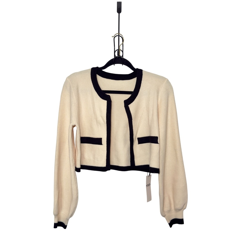 Yozy Size 6 Beige Black Trim Crop Ribbed Knit Cardigan Old Money Minimalist